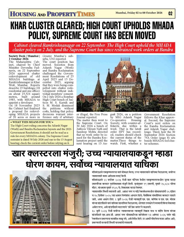 KHAR CLUSTER CLEARED; HIGH COURT UPHOLDS MHADA POLICY, SUPREME COURT HAS BEEN MOVED